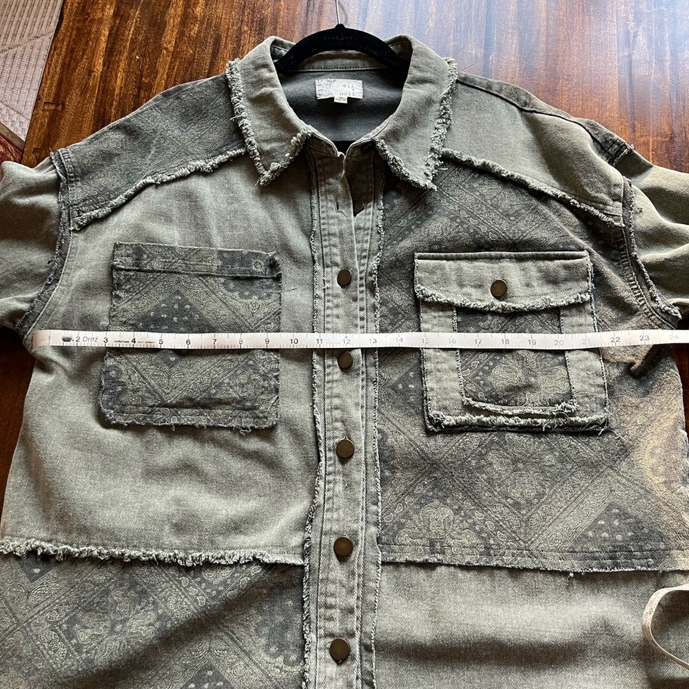Oli & Hali Peace Out Soft Oversized Denim Patchwork Shirt Jacket. Olive - Green - Picture 9 of 16